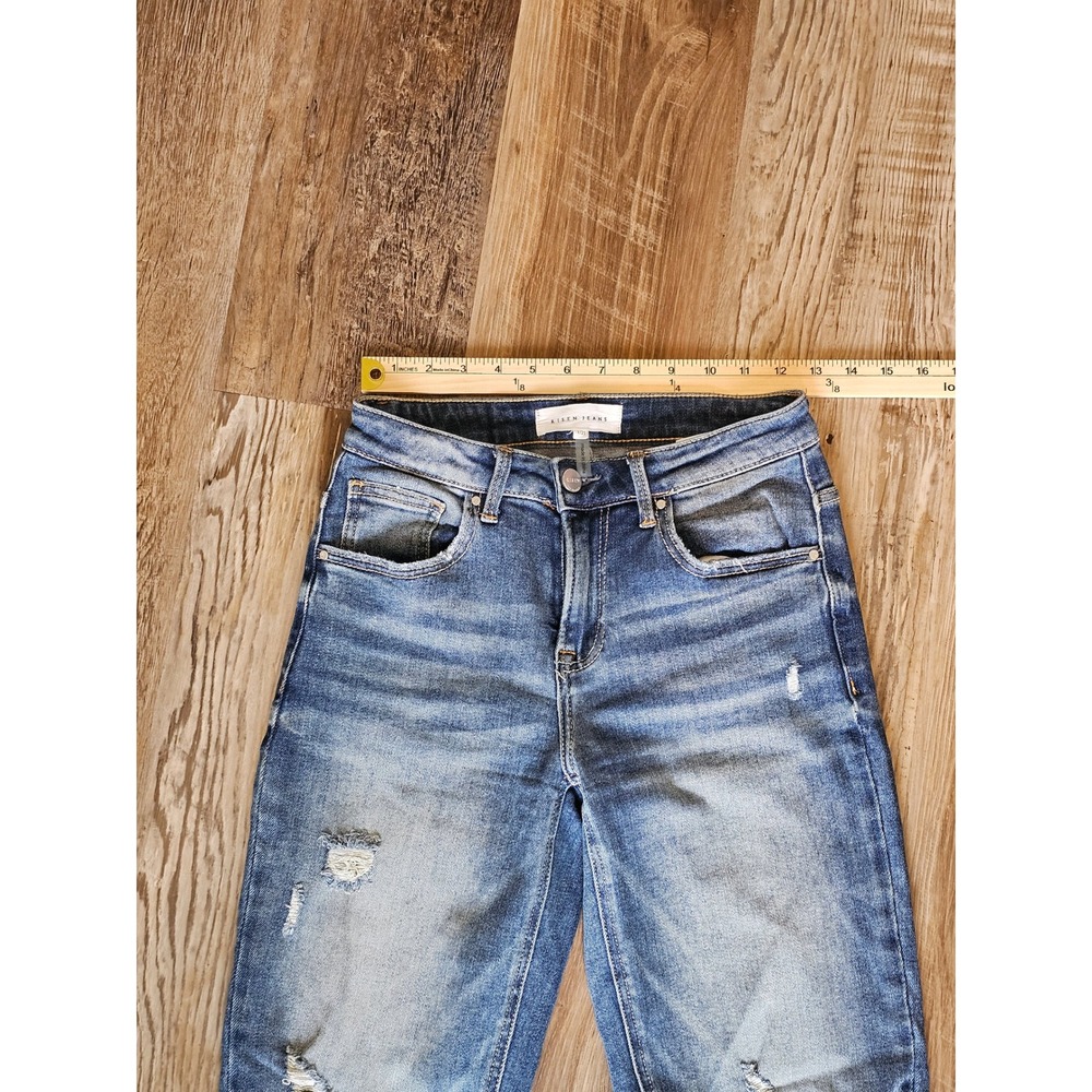 Risen Jeans Distressed Straight Leg Medium Wash Denim Raw Hem Size 1/25 - Picture 2 of 7